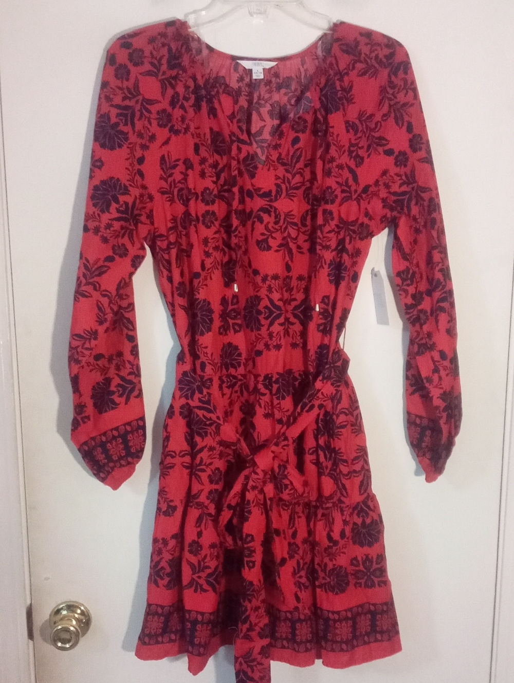 Time And Tru Red Floral Tie-Waist Dress Large 12 14 NWT 100% Cotton